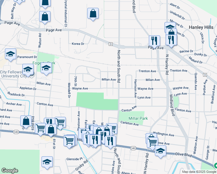 map of restaurants, bars, coffee shops, grocery stores, and more near 1500 78th Street in University City