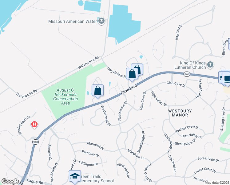 map of restaurants, bars, coffee shops, grocery stores, and more near 605 Paddington Hill Drive in Chesterfield