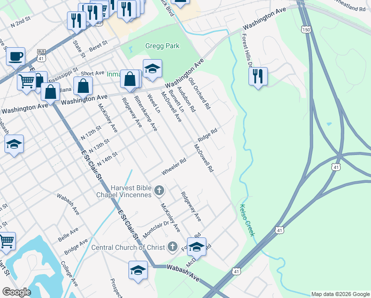 map of restaurants, bars, coffee shops, grocery stores, and more near 1602 Weed Lane in Vincennes
