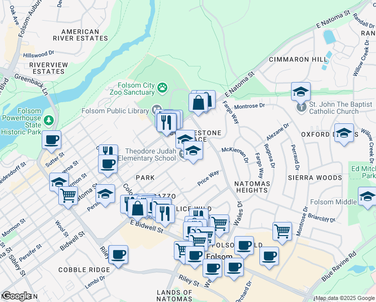 map of restaurants, bars, coffee shops, grocery stores, and more near 82 Dean Way in Folsom