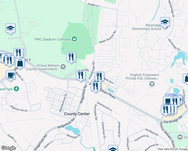 map of restaurants, bars, coffee shops, grocery stores, and more near 4645 Daisy Reid Avenue in Woodbridge