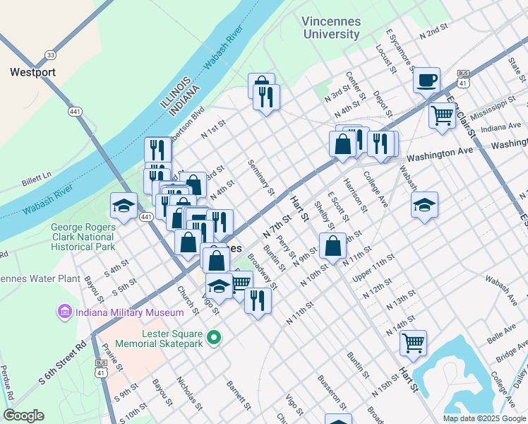 map of restaurants, bars, coffee shops, grocery stores, and more near 421 North 6th Street in Vincennes