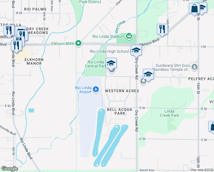 map of restaurants, bars, coffee shops, grocery stores, and more near 6108 10th Street in Rio Linda