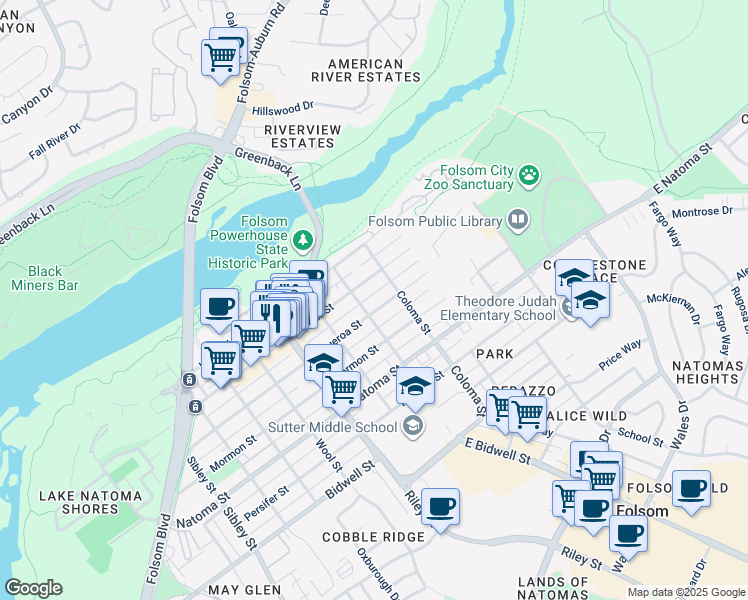 map of restaurants, bars, coffee shops, grocery stores, and more near 307 Bridge Street in Folsom
