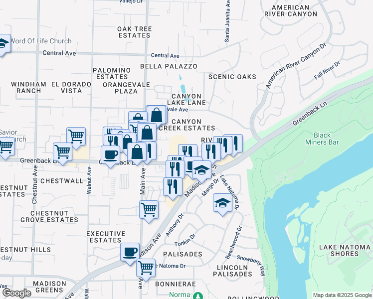 map of restaurants, bars, coffee shops, grocery stores, and more near 9483 Greenback Lane in Folsom