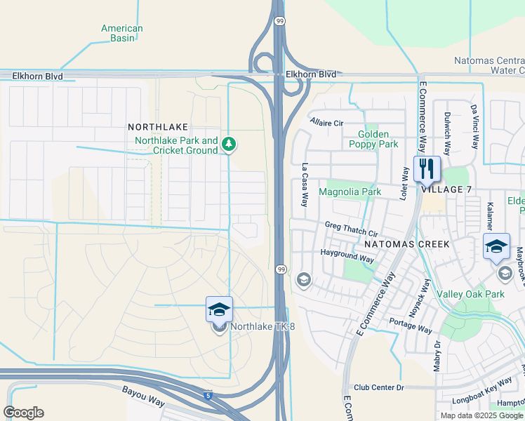 map of restaurants, bars, coffee shops, grocery stores, and more near 5419-5599 Golden State Highway in Sacramento