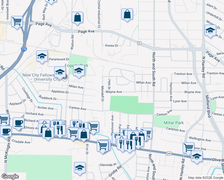 map of restaurants, bars, coffee shops, grocery stores, and more near 7895 Wayne Avenue in University City