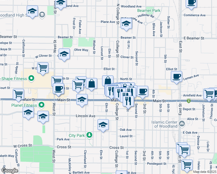 map of restaurants, bars, coffee shops, grocery stores, and more near 403 Court Street in Woodland