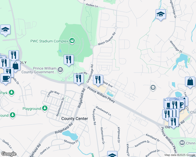 map of restaurants, bars, coffee shops, grocery stores, and more near 4640 Daisy Reid Avenue in Woodbridge
