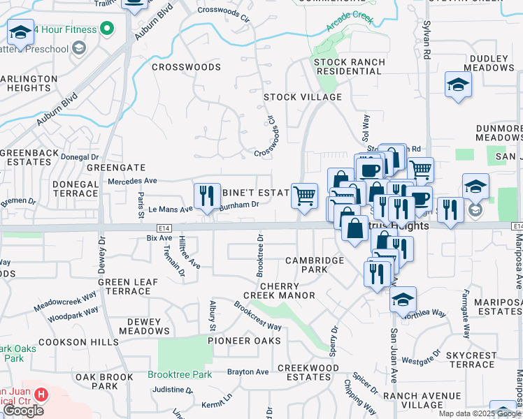 map of restaurants, bars, coffee shops, grocery stores, and more near 6948 Burnham Drive in Citrus Heights