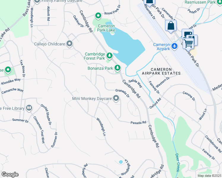 map of restaurants, bars, coffee shops, grocery stores, and more near 3175 Granada Drive in Cameron Park