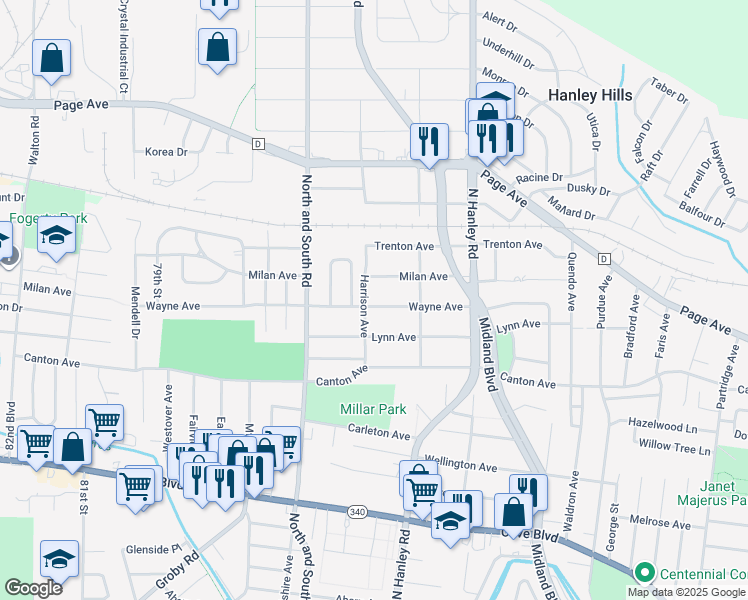 map of restaurants, bars, coffee shops, grocery stores, and more near 7545 Wayne Avenue in University City