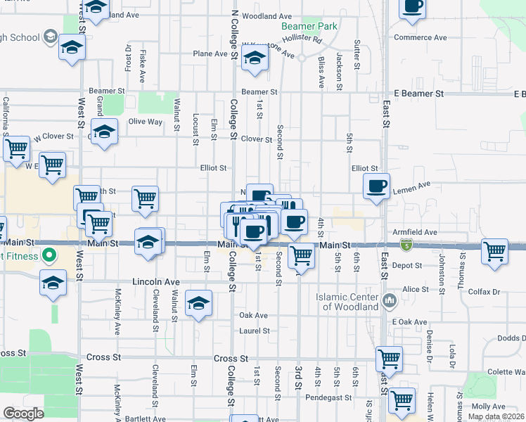 map of restaurants, bars, coffee shops, grocery stores, and more near in Woodland