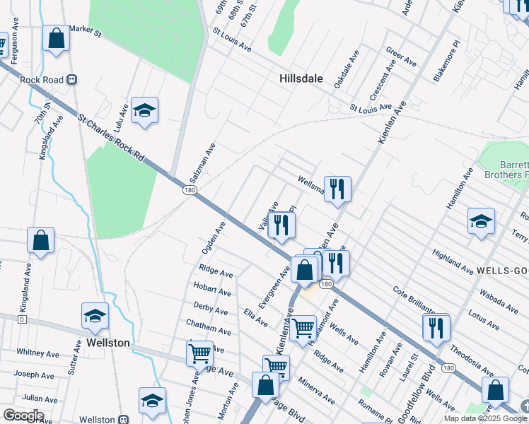 map of restaurants, bars, coffee shops, grocery stores, and more near 1531 Valle Avenue in Saint Louis