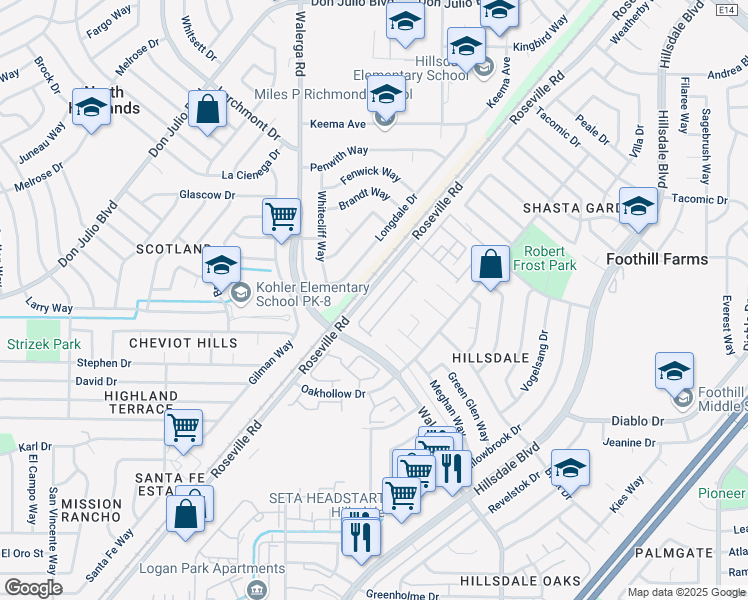 map of restaurants, bars, coffee shops, grocery stores, and more near 6245 Stagecoach Drive in Sacramento