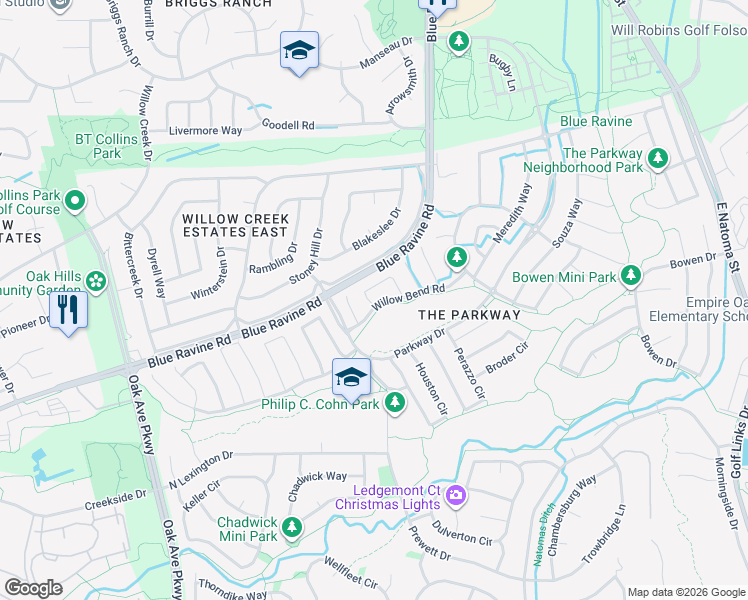 map of restaurants, bars, coffee shops, grocery stores, and more near 1476 Willow Bend Road in Folsom