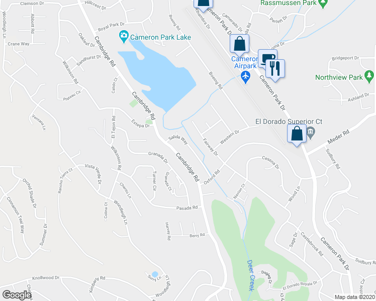 map of restaurants, bars, coffee shops, grocery stores, and more near 3226 Salida Way in Cameron Park