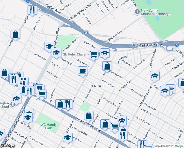 map of restaurants, bars, coffee shops, grocery stores, and more near 4200 Shreve Avenue in St. Louis