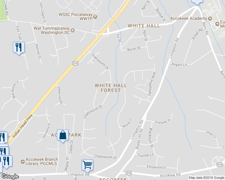 map of restaurants, bars, coffee shops, grocery stores, and more near 900 Brook Street in Accokeek