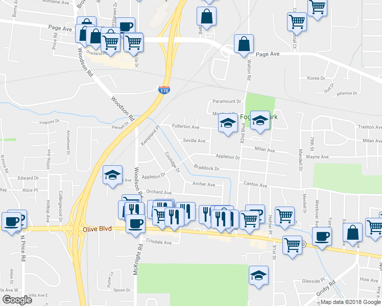 map of restaurants, bars, coffee shops, grocery stores, and more near 8405 Braddock Drive in St. Louis