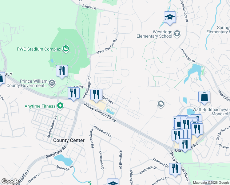 map of restaurants, bars, coffee shops, grocery stores, and more near 4452 Bedford Cove Lane in Lake Ridge