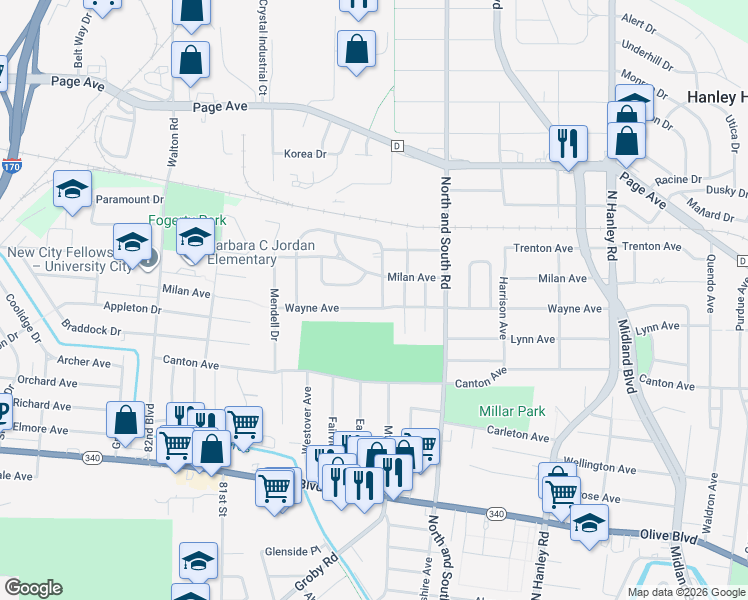 map of restaurants, bars, coffee shops, grocery stores, and more near 1501 Annandale Drive in University City