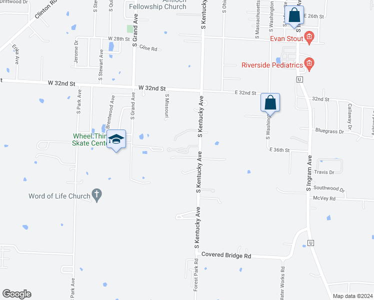 map of restaurants, bars, coffee shops, grocery stores, and more near 319 West 36th Street Terrace in Sedalia