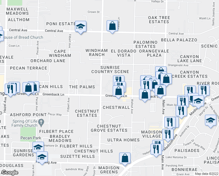 map of restaurants, bars, coffee shops, grocery stores, and more near 9237 Greenback Lane in Orangevale