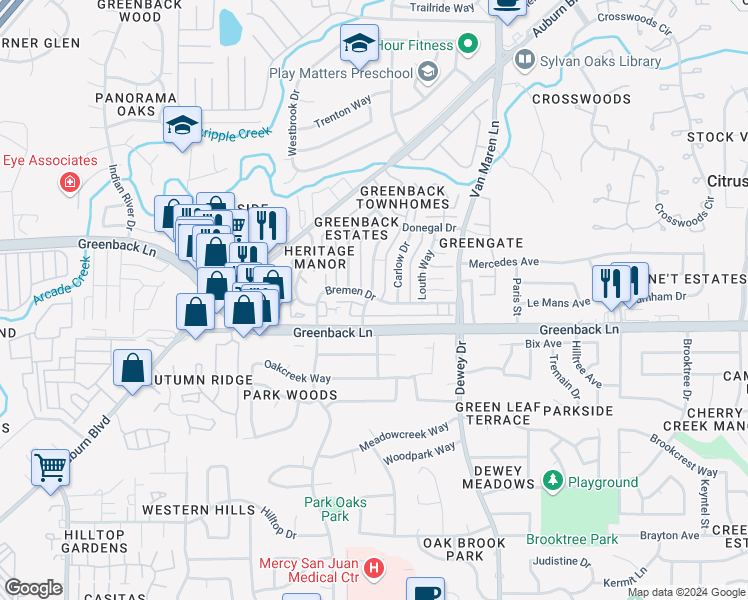 map of restaurants, bars, coffee shops, grocery stores, and more near 6214 Longford Drive in Citrus Heights