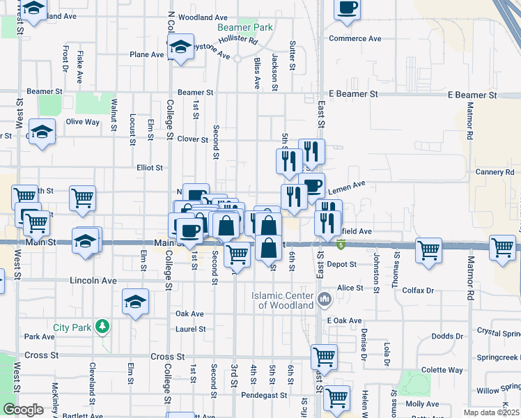 map of restaurants, bars, coffee shops, grocery stores, and more near 929 Court Street in Woodland