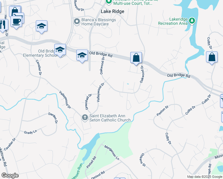 map of restaurants, bars, coffee shops, grocery stores, and more near 12608 Oakwood Drive in Woodbridge