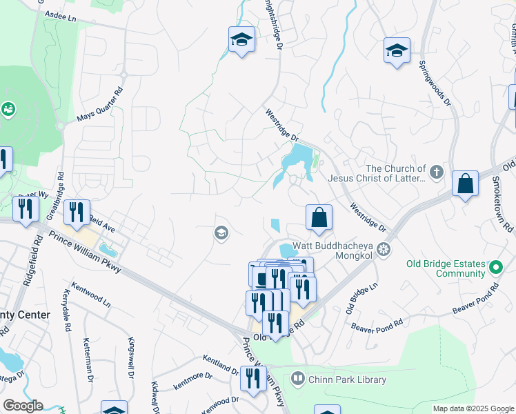 map of restaurants, bars, coffee shops, grocery stores, and more near 4237 Brittany Court in Woodbridge