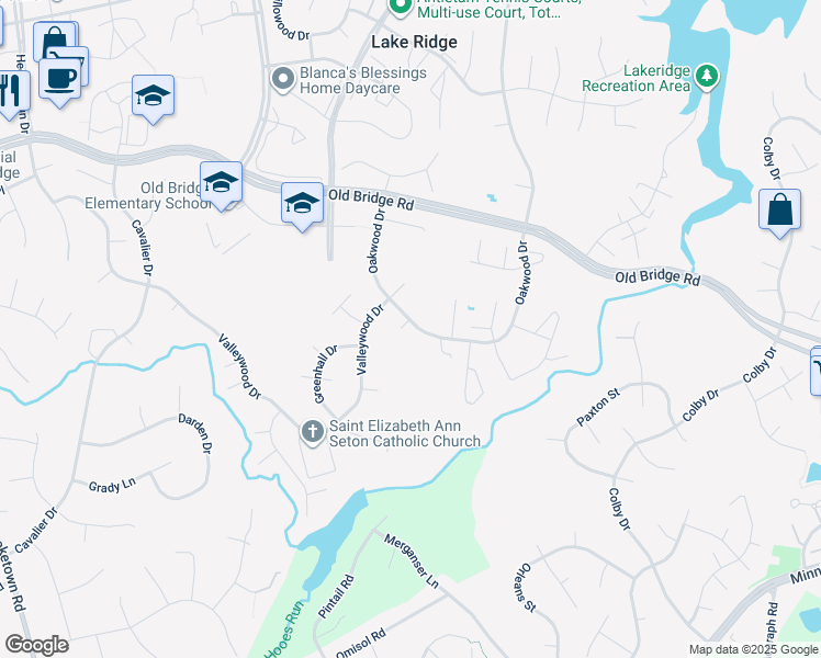 map of restaurants, bars, coffee shops, grocery stores, and more near 12608 Oakwood Drive in Woodbridge
