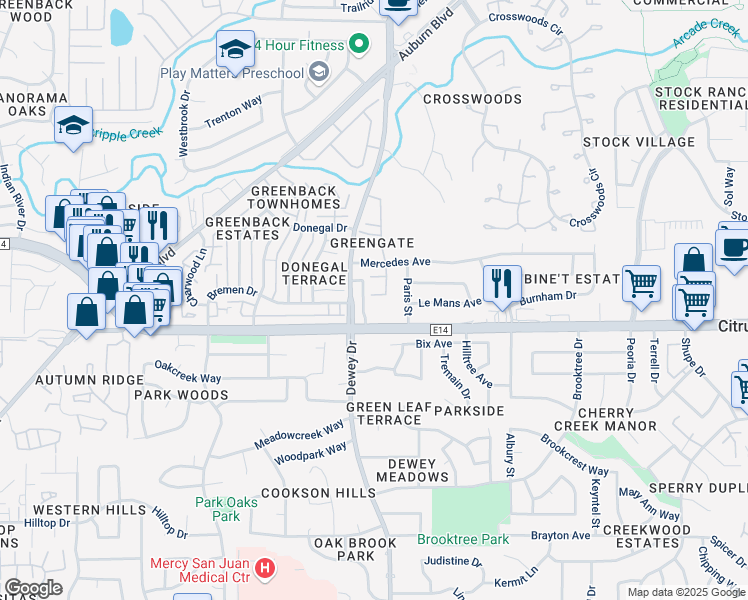 map of restaurants, bars, coffee shops, grocery stores, and more near 6204 Chapel View Lane in Citrus Heights