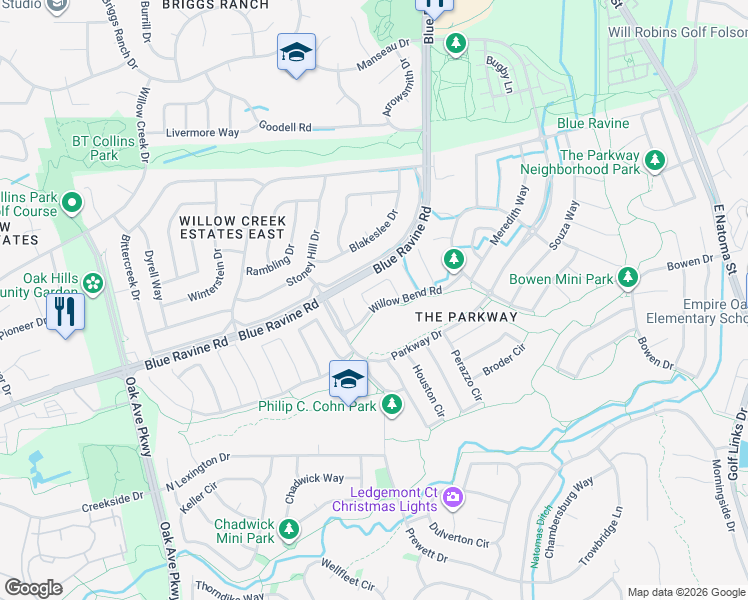 map of restaurants, bars, coffee shops, grocery stores, and more near 1480 Willow Bend Road in Folsom