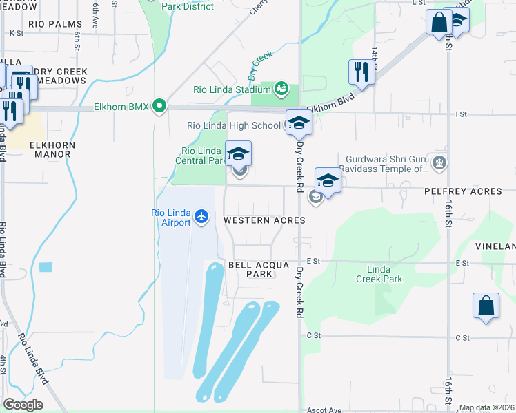 map of restaurants, bars, coffee shops, grocery stores, and more near 6120 Alta Loma Court in Rio Linda