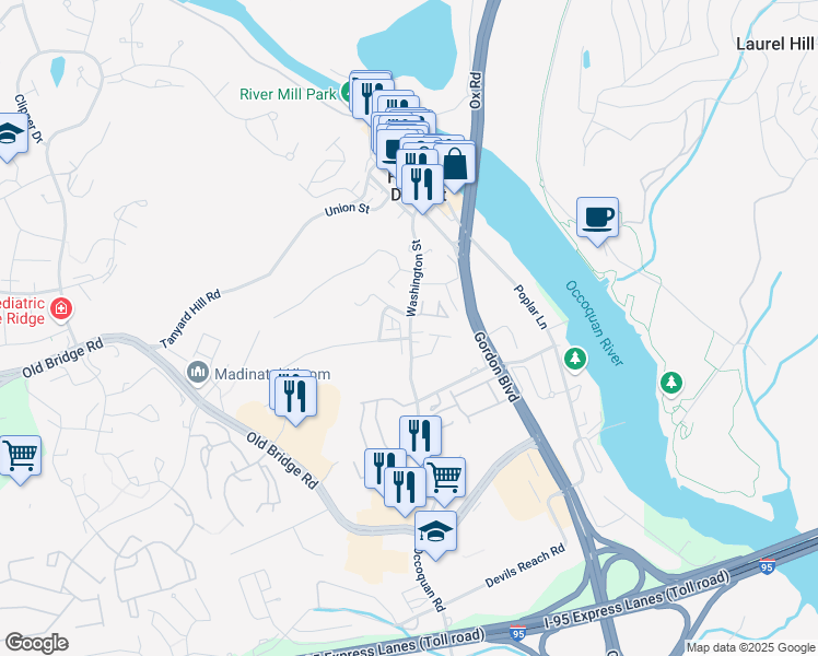 map of restaurants, bars, coffee shops, grocery stores, and more near 100 Washington Street in Woodbridge