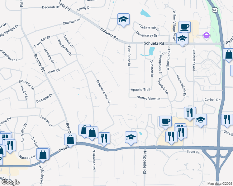 map of restaurants, bars, coffee shops, grocery stores, and more near 1 Crested View Court in St. Louis