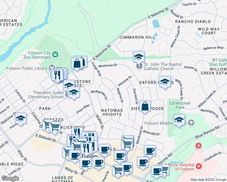 map of restaurants, bars, coffee shops, grocery stores, and more near 100 Alezane Drive in Folsom