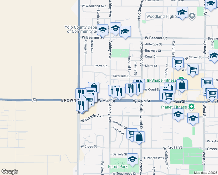 map of restaurants, bars, coffee shops, grocery stores, and more near 320 Ashley Avenue in Woodland