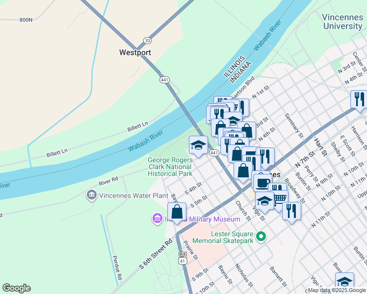 map of restaurants, bars, coffee shops, grocery stores, and more near 401 South 2nd Street in Vincennes