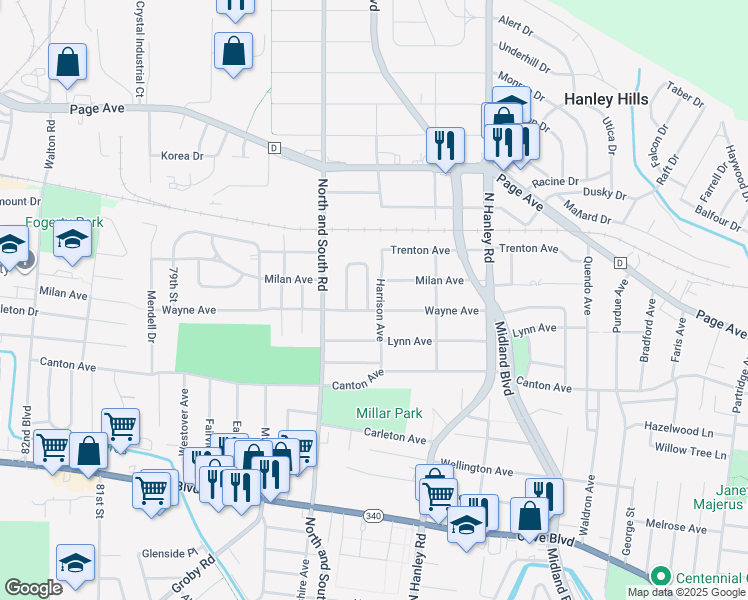 map of restaurants, bars, coffee shops, grocery stores, and more near 7545 Wayne Avenue in University City