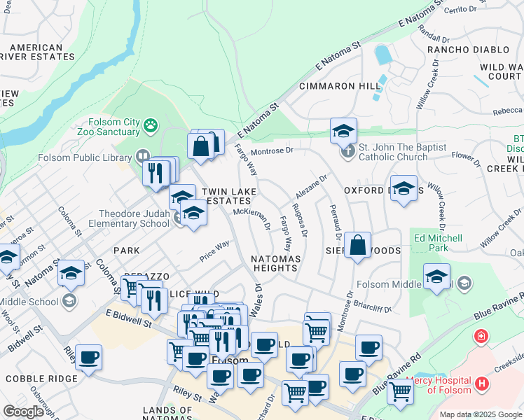 map of restaurants, bars, coffee shops, grocery stores, and more near 135 McKiernan Drive in Folsom