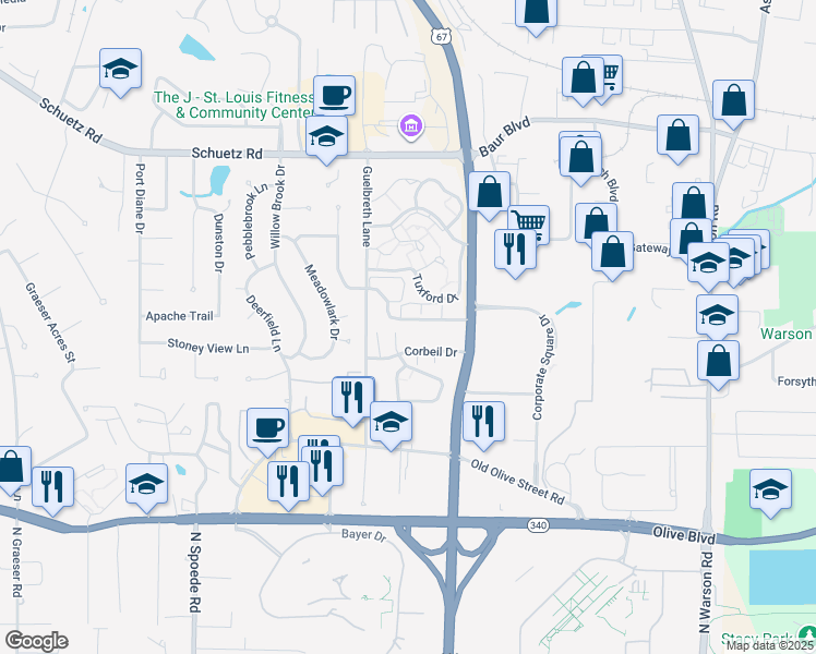 map of restaurants, bars, coffee shops, grocery stores, and more near 10344 Forest Brook Lane in St. Louis