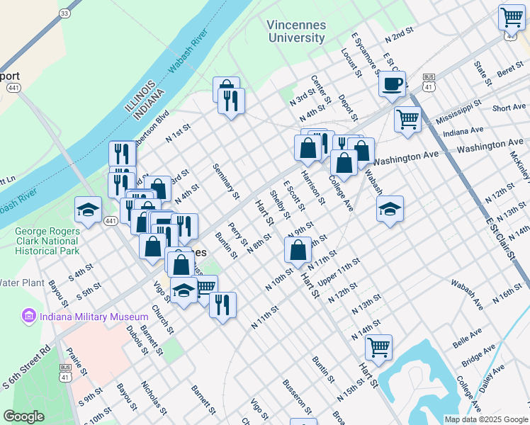 map of restaurants, bars, coffee shops, grocery stores, and more near 701 Hart Street in Vincennes