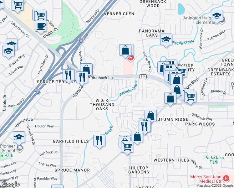 map of restaurants, bars, coffee shops, grocery stores, and more near 5746 Clearwater Drive in Sacramento
