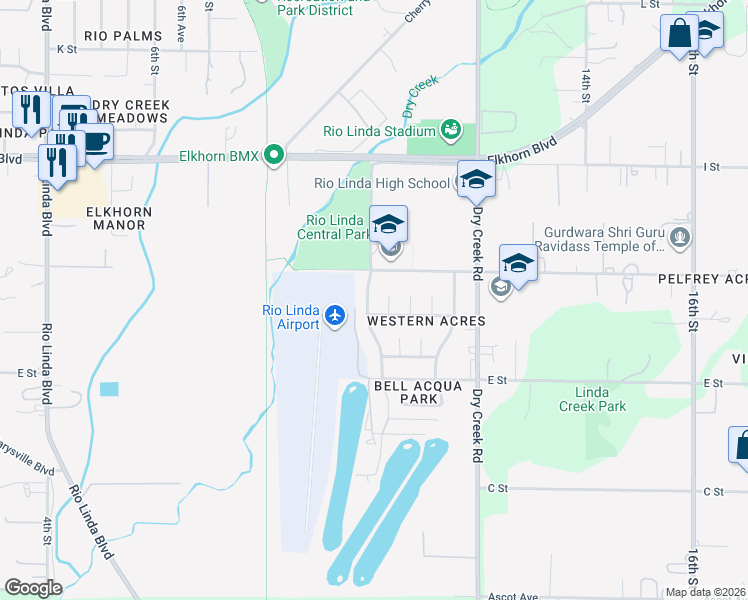 map of restaurants, bars, coffee shops, grocery stores, and more near 6108 10th Street in Rio Linda