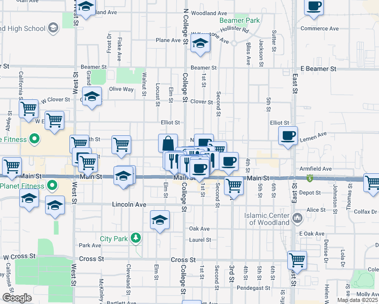 map of restaurants, bars, coffee shops, grocery stores, and more near 501 Court Street in Woodland