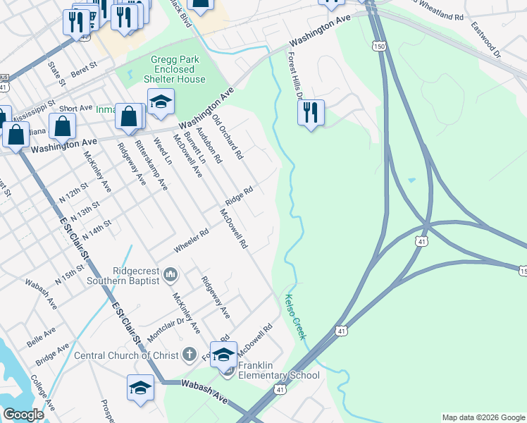 map of restaurants, bars, coffee shops, grocery stores, and more near 98 Fairway Drive in Vincennes