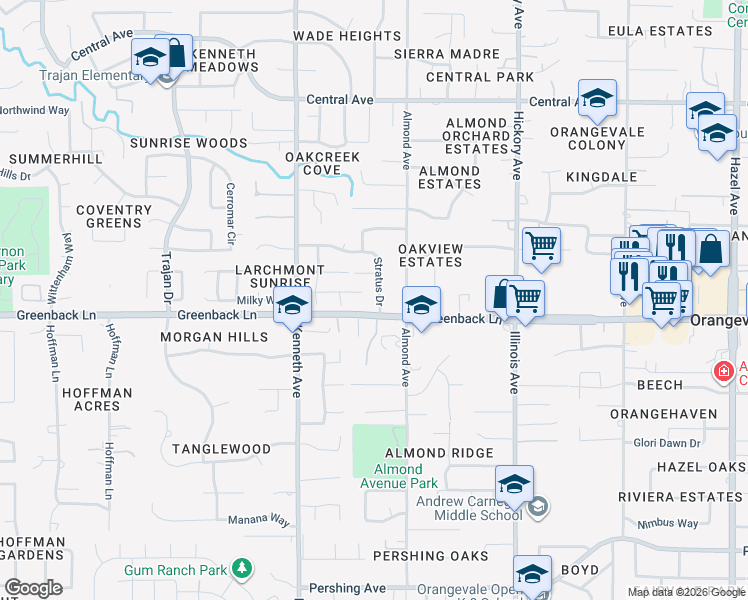 map of restaurants, bars, coffee shops, grocery stores, and more near 8637 Stratus Drive in Orangevale